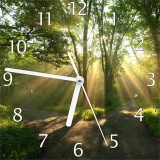 Wallario Design Wanduhr Weggabelung im Sonnenschein aus Echtglas, Größe 20 x 20 cm - Gelb