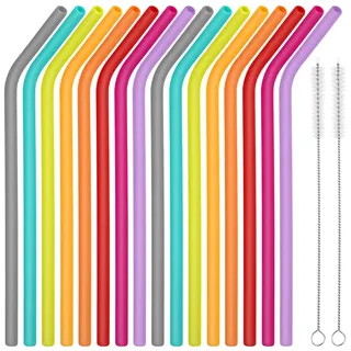 16 Stück Silikon Strohhalme, Trinkhalme Wiederverwendbar Bunte Silikonstrohhalme mit 2 Strohhalm Reinigungsbürste, für Cocktails, Säfte, Milchtee