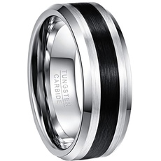 NUNCAD Herren Ring aus Wolframcarbid hochpoliert und Innen gebürstet Finish schwaze Streifen 8mm Silber Verlobungsring Hochzeitsring Größe 56.0 (17.8)
