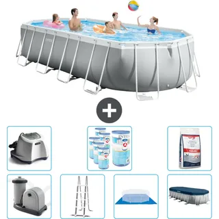 Intex Oval Prism Frame Swimmingpool – 610 x 305 x 122 cm – Grau – inklusive Pumpe – Leiter – Bodenplane – Abdeckung Salzwassersystem - Filter - Poolsalz - Grau