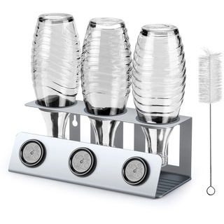 vinlley Flaschenhalter für Sodastream 3er Abtropfhalter mit Herausnehmbare Abtropfwanne und Deckelhalter, Abtropfständer für Sodastream Crystal und Emil Flaschen, Silber