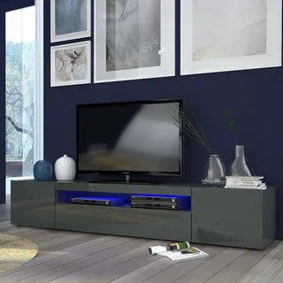 Dmora - TV-Schrank Jesse, niedriges Wohnzimmer-Sideboard mit 3 Türen, Fernsehständer-Basis, 100 % Made in Italy, 200 x 40 x 37 cm, glänzendes Anthrazit, mit LED-Licht