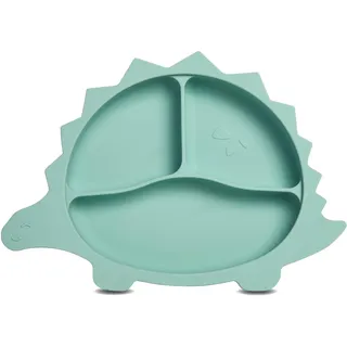 wencolino Kinderteller rutschfest mit Saugnapf Esslernteller „Dino“ aus lebensmittelechtem Silikon Teller für Kinder Teller Baby – B 26,5cm x L 18,8cm x H 3,2cm – BLW baby led weaning Zubehör mintgrün