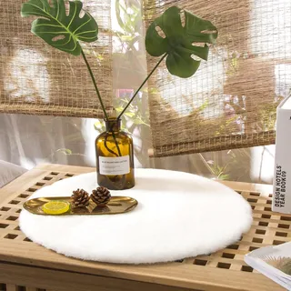 Teppich Wölkchen Fell Rund, Fellteppich Rund, Kunstfell Teppich Waschbar, Hasenfell, Kaninchenfell - Flauschiger Teppich Wohnzimmer, Bettvorleger Schlafzimmer - Weiss - Rund 30cm