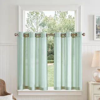 TOPICK Voile Scheibengardinen mit Ösen Transparent Bistrogardine Landhaus Streifen Voile Küchenvorhang Gestreift Küchengardinen Paarig für Badezimmer Klein Fenster Dekor 90x60cm(BxH) Blaugrün 2er Set