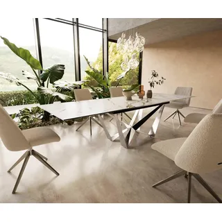 DELIFE Esstisch Edge 200-300x100 Keramik Calacatta Luxe Weiß-Gold-Grau Spider Flachstahl Edelstahl ausziehbar - Weiß
