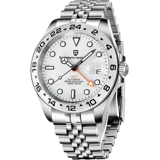 Pagani Design herrenuhr automatik GMT Business Sports Mechanisch Herrenuhren Wasserdicht 100M Analogue Edelstahl Armbanduhr für Männer (Silver)