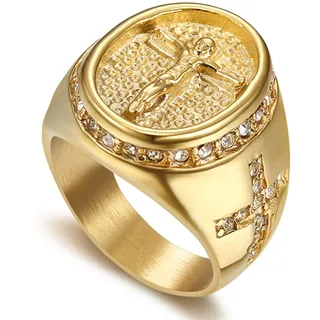 JewelryWe Schmuck Herren-Ring Christian Jesus Kreuz Kruzifix Siegelring Strass Edelstahl Retro Religiöser Ring Band mit Gravur Gold Size 13