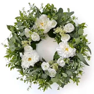Betylifoy Türkranz Frühling Kränze für Haustür 60 cm Groß Eukalyptus Kranz Weiß Dahlie Rose Türkranz Ganzjährig Künstliche Blumenkranz Dekokranz Kränze Sommerkranz für Fenster Wand Hochzeit Bauernhaus