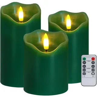 Justup LED-Kerzen, Set von 3 Flackernde Kerzen mit Fernbedienung und Timer, Dimmbare LED Säulen Kerzenlicht Batteriebetrieben, Elektrische Kerzen für Winter Weihnachten Thanksgiving Dekor (Grün)