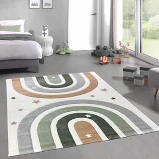 CARPETIA Kinderteppich Kinderzimmer Teppich Schlafzimmer Kurzflor Pastellfarben weich pflegeleicht strapazierfähig Regenbogen Sterne qualitativ hochwertig Creme 200 x 290 cm
