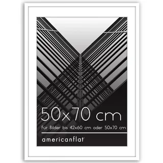 Americanflat 50x70 cm Bilderrahmen aus Kunststoff mit 42x60 cm Passepartout - schmaler 70x50 Fotorahmen mit poliertem Plexi-Scheibe - integrierte Aufhängung für Hoch- und Querformat - Weiß