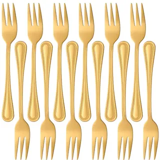 Meisha 12 Stück Edelstahl Bead Teegabel Kleine Dessertgabel, Matt Gold Spiegel poliertes Besteck, 5,7-Zoll