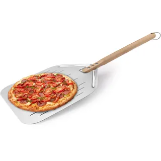 Zosenyer Pizzaschaufel Perforiert, Pizzaschieber Edelstahl 39x30.5 cm Fläche und 42cm Abnehmbarem Holzgriff, Premium Pizza Schieber mit Löchern für Grill Oder Ofen und Pizzastein Rechteckig