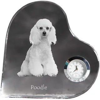 Pudel - Kristalluhr mit einem Hundebild, Herzregal-Uhr, personalisierte Standuhr der Marke Art-Dog - Transparent