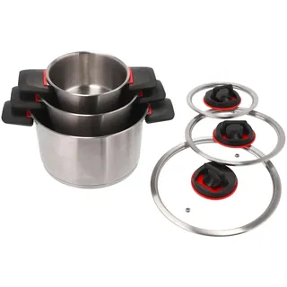 BERGER RedSilva Topfset Induktion 6-tlg. | Camping Kochgeschirr-Set aus Edelstahl | Kochtopf Set Outdoor mit Glasdeckel & klappbaren Griffen | Picknick Topf Geschirrset stapelbar