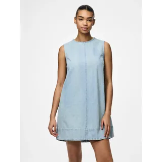 Jeanskleid PIECES "PCFLORA SL MINI DENIM DRESS NOOS", Damen, Gr. L, N-Gr, blau (light blau denim), Denim/Jeans, Obermaterial: 100% Baumwolle, unifarben, relaxed fit kurz, Rundhals, Kleider Jeanskleid, mit A-Linien-Schnitt