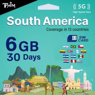 TSIM Südamerika-SIM-Karte, 30 Tage, 6 GB, Multi-Operator 5G/4G-Netzwerk (Hotspot erlaubt), Verwendung in Brasilien, Chile, Kolumbien, Argentinien, Bolivien, Ecuador und mehr, automatische Aktivierung.