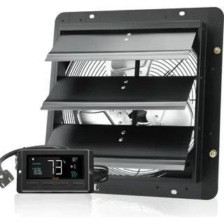 SucceBuy 356 mm Abluftventilator mit Jalousie, EC-Motor 1024 CFM, Wandmontage mit variabler Geschwindigkeit mit Temperatur- und Feuchtigkeitsregler, Belüftung für Gewächshäuser, Garagen, Schuppen - Schwarz