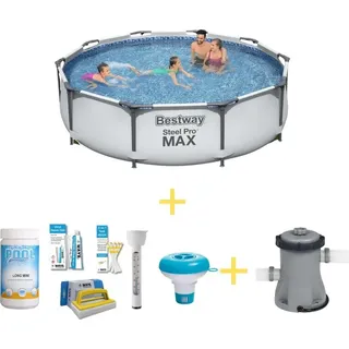 Bestway Pool - Steel Pro MAX - 366 x 76 cm - Inklusive Solarsegel, Filterpumpe & Filter - Grau