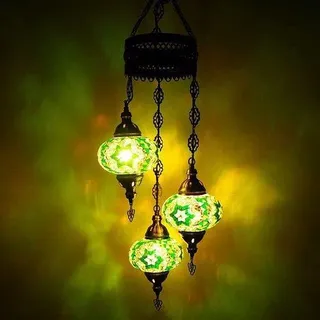 Türkische Hängelampe mit 3 grünen Mosaikbällen – Orientalische Lampe für ein warmes Ambiente - Grün, Grau, Dunkelgrau