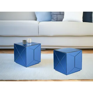 Couchtisch 2 teilig, Nachttisch verspiegelt Blau, Beistelltisch für Sofa + Couch