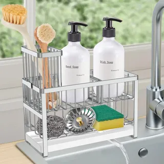 Sinnsally Spülbecken Organizer Küchen,Sink Caddy Kitchen Organizer Schwammhalter Spülorganizer Edelstahl Spülmittel Halterung Küchenorganisation Spüle Spülutensilien Aufbewahrung (2 Stufiges-Silber)