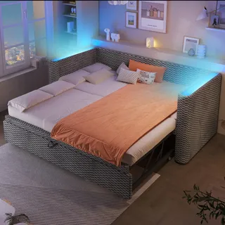 Tagesbett, Daybett, Schlafsofa 90 × 200 cm/180 × 200 cm, multifunktionales Ausziehbett-Design mit LED-Lichtleiste, Samt, Grau - Grau