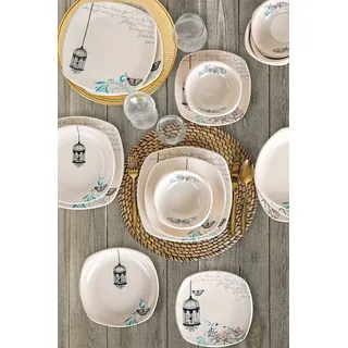 Hermia Concept, TY001024F030A5191000AET600, Essservices, Keramik-Geschirrset (24-teilig), Creme, Keramik Steinzeug, 27 x 27 x 27 cm - Creme, Blau