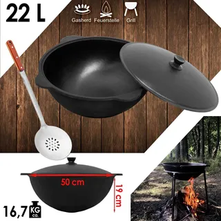 4big.fun Wok Gusseisen 22 L (runder Boden) Kazan mit Schaumkelle NAMANGAN Uzbek Kasan Uzbekisch Asia WOK Cast Iron KESSEL Camping Usbek Schwenktopf Topf mit Aluminium Deckel Grillwok Gusstopf Wokpfanne