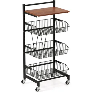COSTWAY Servierwagen Küchenwagen höhenverstellbar, 4 Etagen Rollwagen mit ausziehbaren Körben & Holzplatte 40x31x88cm - Schwarz