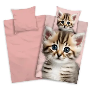 Bettwäsche Katzen 135x200 Biber Kinderbettwäsche Katzenmotiv Rosa warm weich Winterbettwäsche - Rosa
