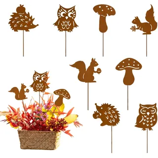 SPERMUOY Herbstdeko Outdoor Gartenstecker Rost Herbsts Deko,8er Herbstdeko Rost Gartensteck-er für Herbstdeko, Eulen Deko für Innen Blumentopf Terrasse