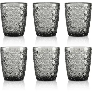 Joeyan 300ml Grau Wassergläser Set 6 teilig mit Geprägtem,Spülmaschinenfest | Dickwandige Gläser Bunt,Modern Relief Design Trinkgläser Outdoor Garden Boho Saftgläser Tumbler für Alltag,Familienessen,Büro