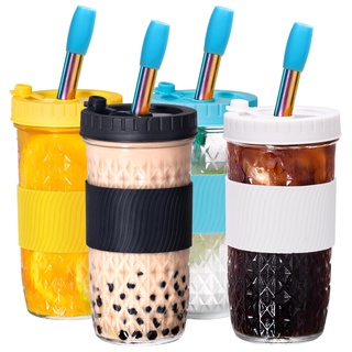 Spurtar 4er 720 ml Bubble Tea Becher Set Smoothie Becher mit Regenbogen Strohhalm, Einmachgläser mit Kunststoff Deckel, Wiederverwendbar Bambusdeckel Eiskaffee Glasbehälter Die weihnachtszeit geschenk