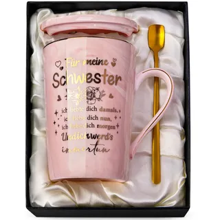 Doublewhale Schwester Geschenk, Geschenke für Schwester Geburtstag Valentinstag, Geschenk für Sie - 14 Oz Schwestern Keramikbecher mit Goldener Druckgrafik, Deckel, Löffel, Geschenkbox