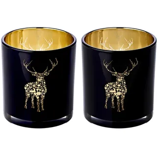 EDZARD 2er Set Teelichtglas Fancy, Höhe 8 cm, Durchmesser 7,5 cm, außen schwarz, innen Gold, Teelichthalter, Windlicht mit Hirsch-Motiv