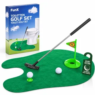 FunX Toilettengolf Set 7 TLG. mit Puttingmatte | Minigolf für Zuhause und das Badezimmer, lustiges Golf Geschenk für Männer, Scherzartikel