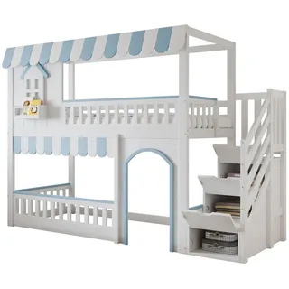 Modfu Etagenbett aus Kiefer, MDF und Sperrholz 90x200 cm Weiß/Blau mit Treppenregal und Schutzgittern , Holzwerkstoff , 90x200 cm , Babymöbel & Kindermöbel, Kinderzimmer & Jugendzimmer, Stockbetten