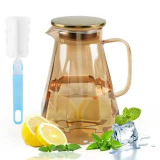 2 Liter Glaskaraffe Bernstein – Wasserkaraffe mit Edelstahl-Deckel & Griff, Spülmaschinenfest, Glas-Krug für Eistee, Wasser, Saft, Wein & Kaffee