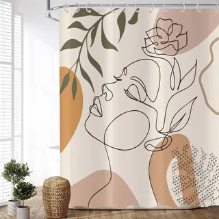 ASDCXZ Boho Duschvorhang Beige 180x180 cm, Modern Abstrakt Kunst Mädchen mit Gesicht Blume Grün Blätter Waschbar Duschvorhang Polyester Textil Wasserdicht Duschvorhänge für Badewanne mit 12 Haken