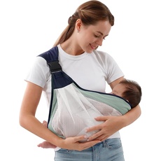 CUBY Tragetuch Baby Neugeborene, Atmungsfähige Baby-Rucksack, Verstellbare Schultergurte Einfach Anzuziehen für Mütter und Väter, Baby Tragegurt für Neugeborene von bis zu 15kg (Grün-weiß)