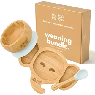bamboo bamboo Baby Teller Baby Geschenk, Kindergeschirr set mit Sugnapf Teller Baby Schüssel und Baby Löffel, Kindergeschirr mit Saugnapf ab 6 Monaten (Elefant, Grau)