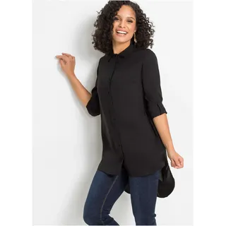 Langarmbluse BONPRIX "Bluse aus Baumwoll-Viskose Mix", Damen, Gr. 40, schwarz, Web, Obermaterial: 100% Viskose. Spitze: 100% Baumwolle, unifarben, bequem ca. Mitte Oberschenkel, Krempelärmel,mit Knopf,mit Riegel, Blusen Langarmbluse, bequeme Passform, hinten länger, aus Viskose, mit Baumwoll-Spitze