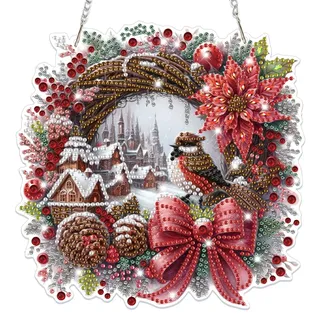 Lxmsja Weihnachten Diamond Painting Anhänger, 5D Winterszene Diamond Painting Fensterbilder Kranz für Erwachsene, Weihnachtsgeschenke Bastelset Kreativ Set Ornament Tür Fenster Wand Decor