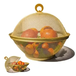 QWXOSR Obstschale mit Deckel, Obstkorb aus Metall - Netz-Obstschalen in Mehreren Farben, Langlebiger & Dekorativer Korb für Obst, Gemüse, Snacks, Küchenaufbewahrung (Gold)