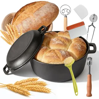 Brotbacktopf 26cm Gusseisen Topf Brot Backen, Backen inkl. Gärkorb, Bäckermesser & Teigschaber, Extra Groß Brotbackform Dutch Oven Vielseitiger Bräter zum Backen, Schmoren, Braten, Kochen