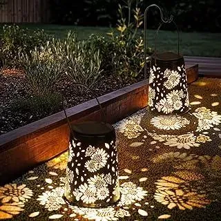 Solarlampen für Außen Hängend/Stehend, 2 Stück Retro LED Solar Laternen, IP65 Wasserdicht Metall Solarlaternen, für Garten, Draußen, Patio, Weg, Camping, Rasen, Schwarz(Sonnenblumenmotiv)