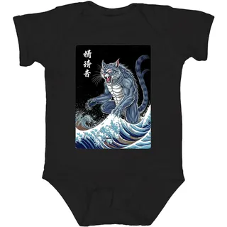 Dämonenkatze Muskelkatze Große Welle Japanisch Ukiyoe Halloween Unisex Baby Body, Schwarz, 0/3