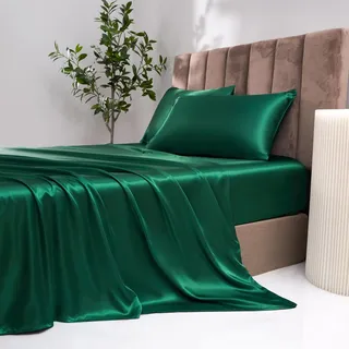 Damier Satin Spannbettlaken 90x200cm Grün Dunkelgrün Seide Glänzend Spannbetttuch Hochwertiges Satin Deluxe Bettlaken, geeignet für Matratzen bis 30cm